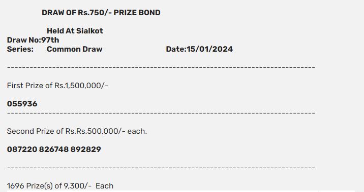 Rs 750 Prize bond list 15 January 2024 Draw 97 Sialkot Result Check online